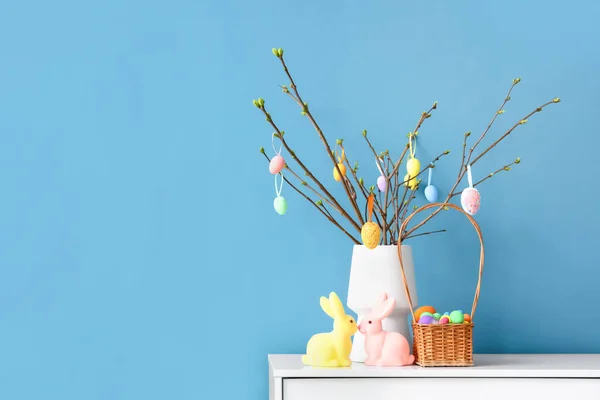 Vase Tree Branches Easter Eggs Basket Rabbits Chest Drawers Color — Stock Photo, Image