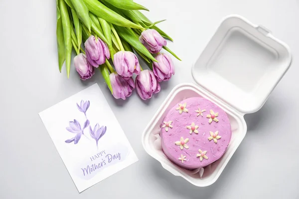 Plastic Lunch Box Tasty Bento Cake Greeting Card Flowers Grey — Stock Photo, Image