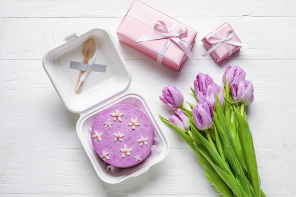 Plastic Lunch Box Tasty Bento Cake Flowers Light Wooden Background — Stock Photo, Image
