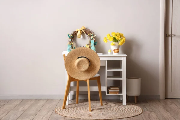 Workplace Easter Decor Straw Hat Hanging Chair Room Interior — Stock Photo, Image