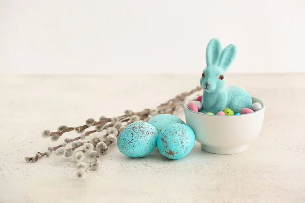 Bowl Candies Easter Bunny Eggs Pussy Willow Branches Light Background — Stok fotoğraf