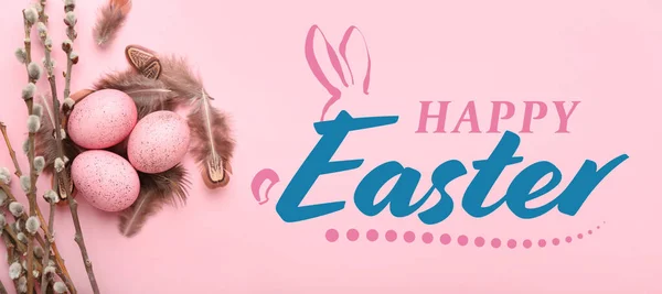 Beautiful Easter Greeting Card Painted Eggs Feathers Pussy Willow — 스톡 사진