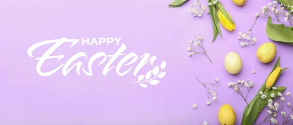 Schöne Ostergrußkarte Mit Bemalten Eiern Und Frühlingsblumen — Stockfoto