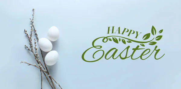 Tojás Fűzfa Ágak Szöveges Happy Easter Fény Háttér — Stock Fotó