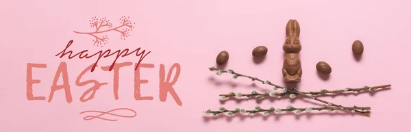 Chocolate Bunny Eggs Pussy Willow Text Happy Easter Pink Background — Foto Stock