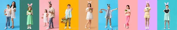 Renkli Arka Planda Paskalya Yumurtası Olan Bir Grup Insan — Stok fotoğraf