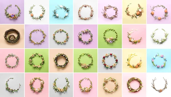 Collage Met Prachtige Pasen Kransen Kleur Achtergrond — Stockfoto