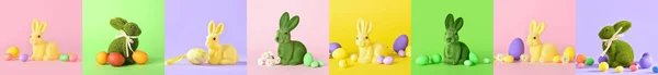 Lindos Conejitos Pascua Huevos Sobre Fondo Colorido — Foto de Stock