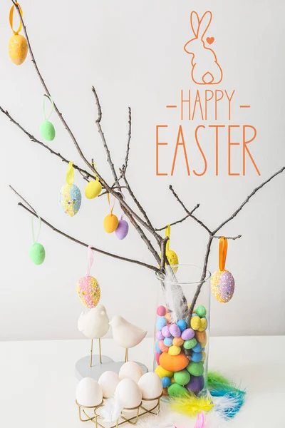 Tvůrčí Přání Velikonoční Oslavě Vejci Zavěšenými Větvích Stromů — Stock fotografie