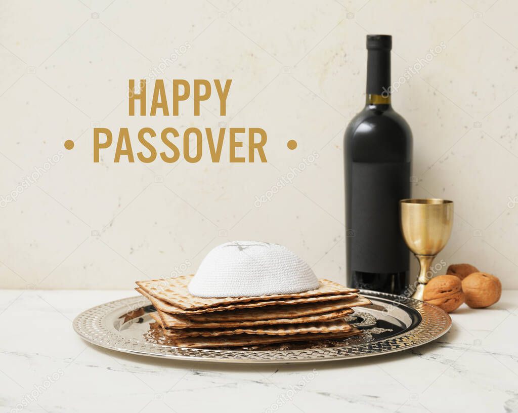 Beautiful greeting card for Happy Passover with Seder plate, Jewish cap and matzo