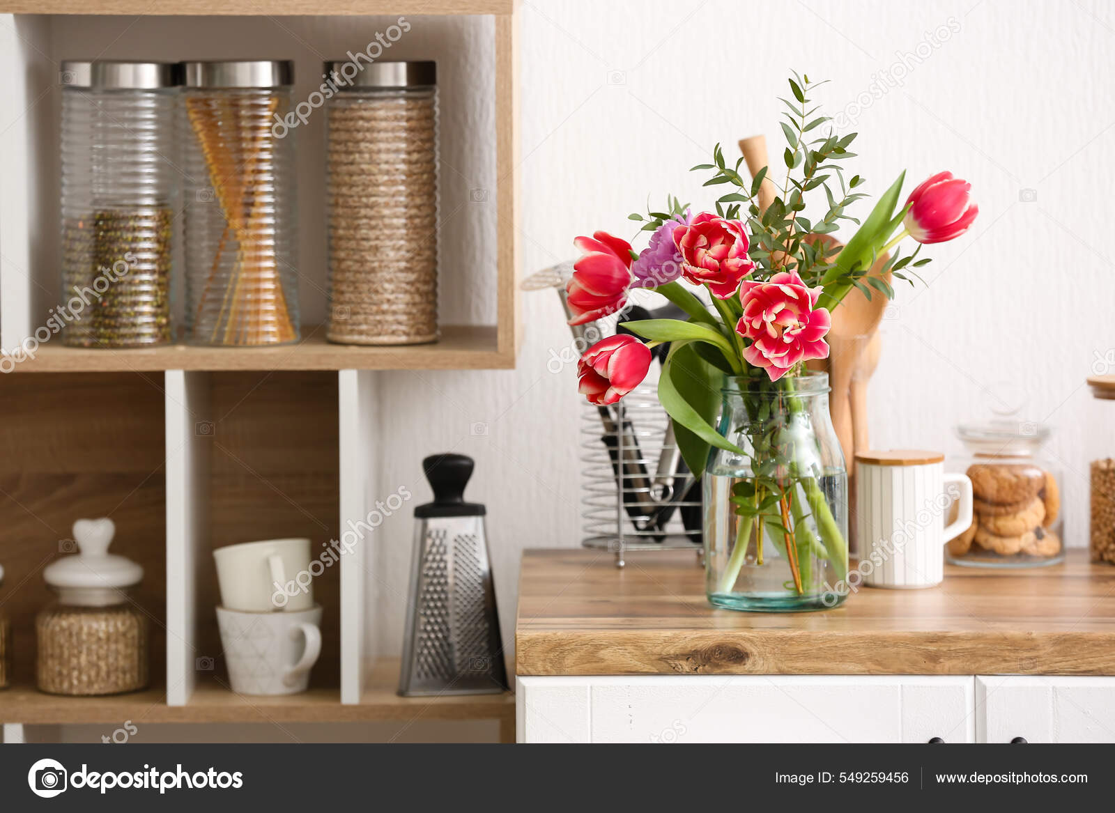 Vase Flowers Different Utensils Kitchen Counter Stock Photo by