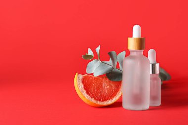 Kırmızı zemin üzerinde gerekli yağ şişeleri, bir parça greyfurt ve okaliptüs dalı