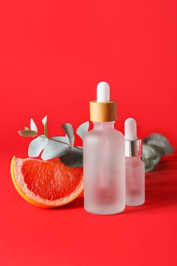 Kırmızı zemin üzerinde gerekli yağ şişeleri, bir parça greyfurt ve okaliptüs dalı
