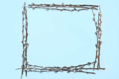 Frame made of pussy willow branches on color background