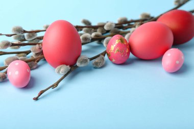 Painted Easter eggs and pussy willow branches on blue background