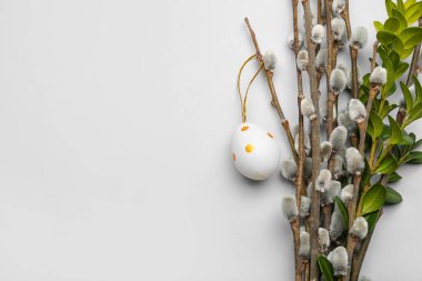 Easter egg and pussy willow branches on light background
