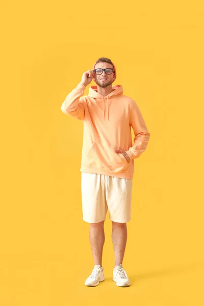 Young Guy Stylish Hoodie Color Background — Stock Photo, Image