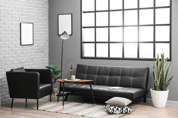 Stylish Interior Living Room Sofa Armchair Grey Brick Wall — Stock Photo, Image
