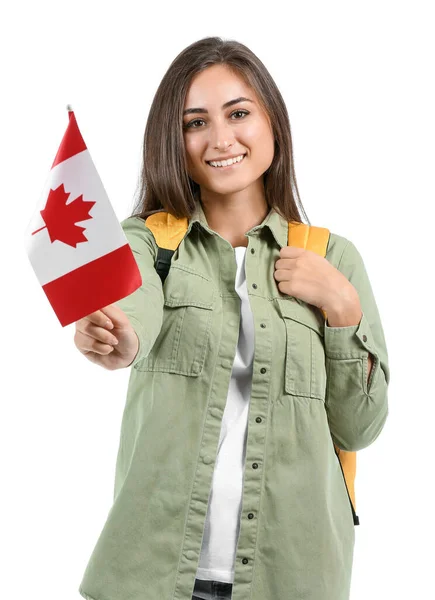 Молодая Студентка Национальным Флагом Канады Белом Фоне — стоковое фото