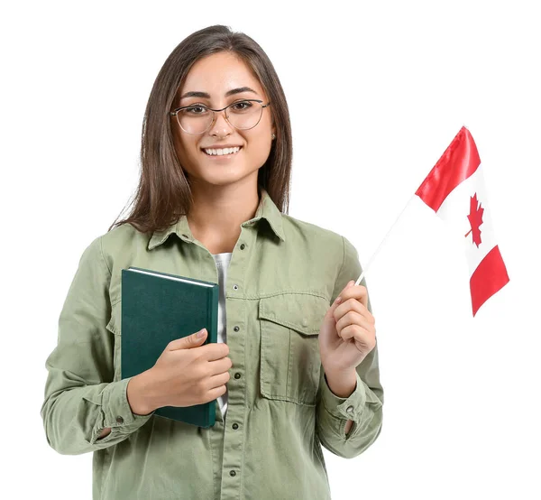 Jeune Étudiante Avec Drapeau National Canada Sur Fond Blanc — Photo