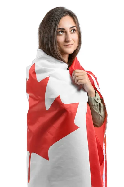 Mujer Joven Con Bandera Nacional Canadá Sobre Fondo Blanco — Foto de Stock