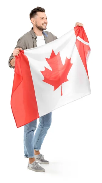 Joven Feliz Con Bandera Canadá Sobre Fondo Blanco — Foto de Stock