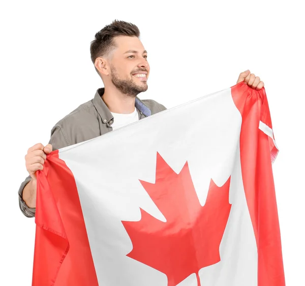 Beyaz Arka Planda Kanada Bayrağı Taşıyan Mutlu Genç Adam — Stok fotoğraf