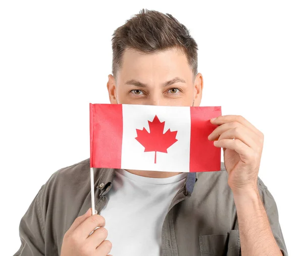 Hombre Guapo Con Bandera Canadá Sobre Fondo Blanco — Foto de Stock