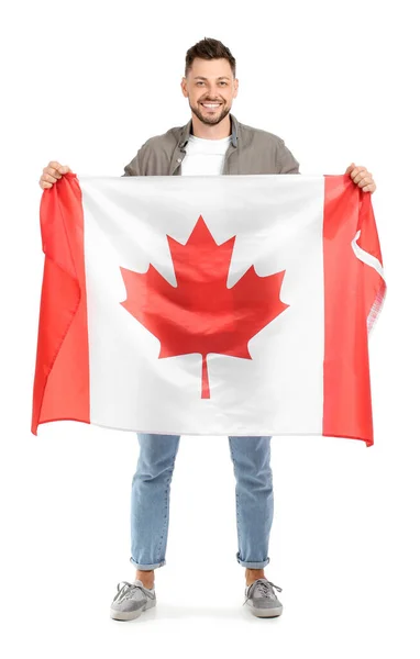 Joven Feliz Con Bandera Canadá Sobre Fondo Blanco — Foto de Stock