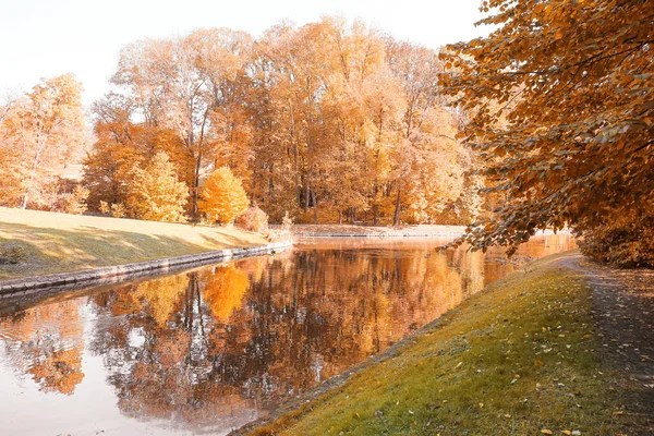 Pathway Bij Vijver Herfstpark — Stockfoto