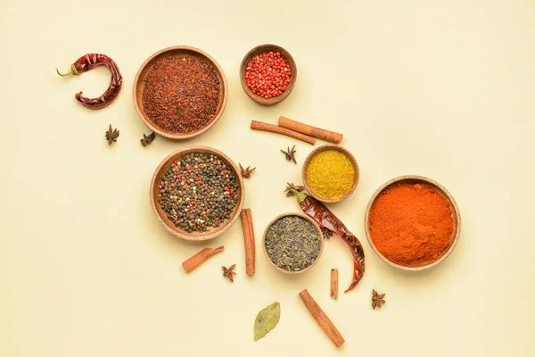 Bowls Aromatic Spices Yellow Background — Stock Photo, Image