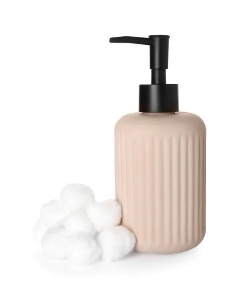 Soft Cotton Balls Bottle Cosmetic Products White Background — Stock Photo, Image