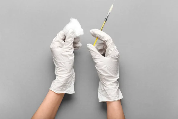 Female Hands Rubber Gloves Syringe Cotton Wool Grey Background Closeup — Stock Photo, Image