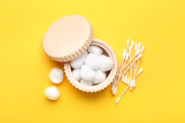 Bowl Cotton Balls Swabs Yellow Background — Stock Photo, Image