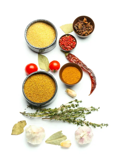 Bowls Different Spices Herbs White Background — Stock Photo, Image