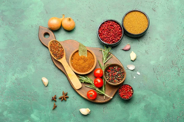 Composition Different Spices Vegetables Color Background — Stock Photo, Image