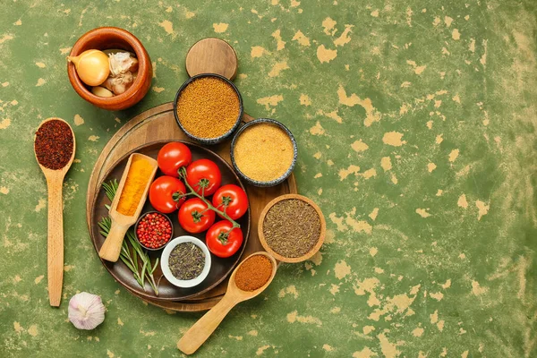 Composition Aromatic Spices Fresh Vegetables Color Background — Stock Photo, Image