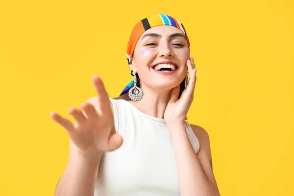 Happy Fashionable Woman Creative Makeup Closed Eyes Yellow Background — Stock Photo, Image