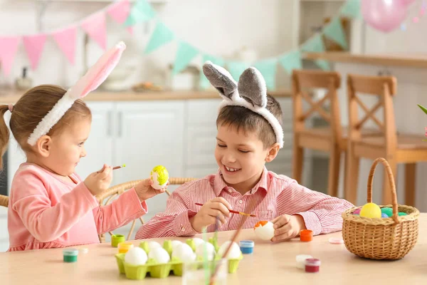 Cute Little Girl Her Brother Bunny Ears Painting Easter Eggs — Stock Photo, Image