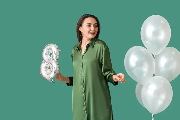 Happy Young Woman Balloons Green Background International Women Day — Stock Photo, Image