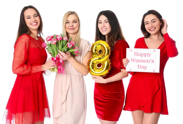 Krásné Ženy Květinami Balónem Tvaru Obrázku Bílém Pozadí Mezinárodní Oslava — Stock fotografie