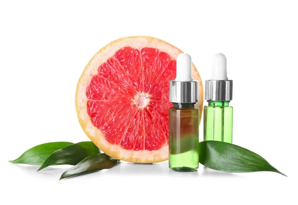 Composition Bottles Grapefruit Essential Oil White Background — Stock Photo, Image