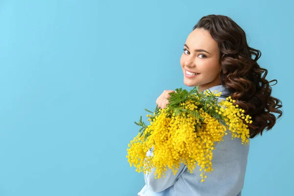 Beautiful Young Woman Bouquet Mimosa Flowers Blue Background — Stock Photo, Image