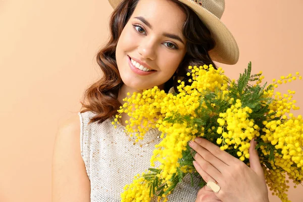 Beautiful Young Woman Mimosa Flowers Color Background — Stock Photo, Image