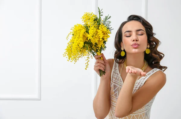 Beautiful Young Woman Mimosa Flowers Blowing Kiss White Background — Stock Photo, Image