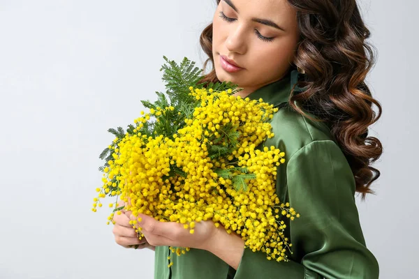 Beautiful Young Woman Mimosa Flowers Light Background — Stock Photo, Image