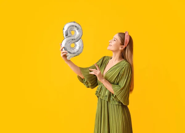 Beautiful Woman Balloon Shape Figure Yellow Background International Women Day — Stock Photo, Image