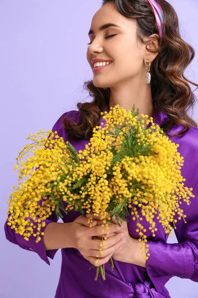 Beautiful Young Woman Bouquet Mimosa Flowers Lilac Background — Stock Photo, Image