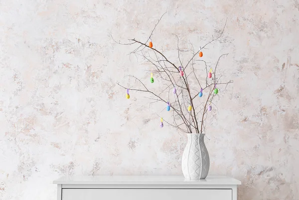 Vase Tree Branches Colorful Easter Eggs Chest Drawers Light Wall — Stock Photo, Image