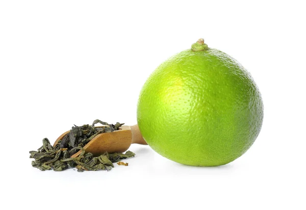 Ripe Bergamot Fruit Dried Tea Leaves White Background — Stock Photo, Image